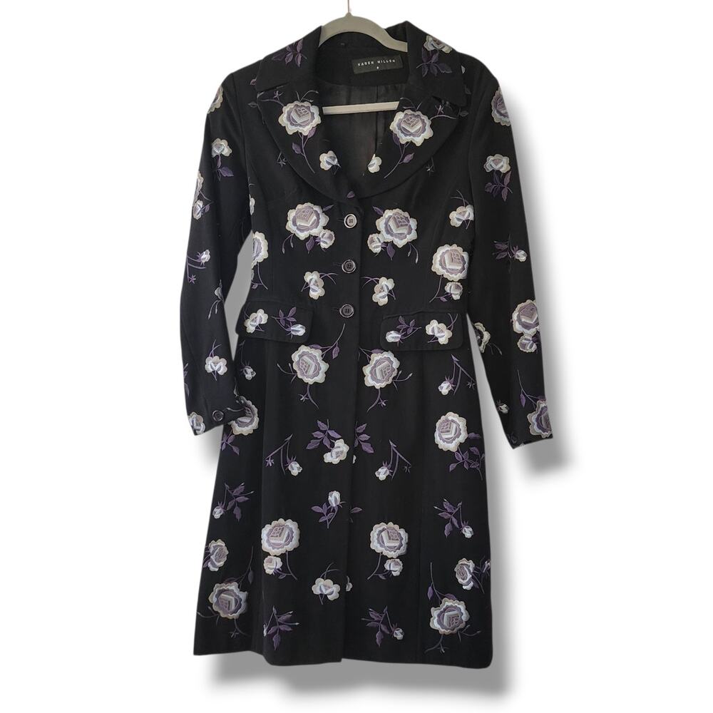 Karen Millen Midi Coat Black Embroidered Floral Women’s Size UK 10 US 4 Vamp